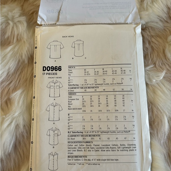 New Look Sewing Pattern D0966 Men Women Shirt Sizes 8-18 & XS-XL - Picture 3 of 3